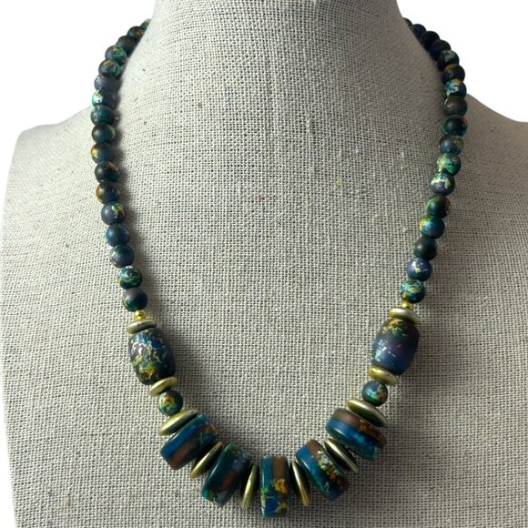 Vtg Boho Chunky Graduated Beaded Necklace Blue Green Plastic Statement Jewelry - Picture 1 of 13